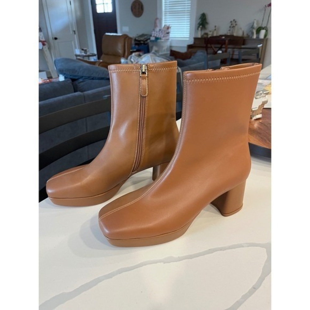 Aerosoles‎ Sussex Square Toe Platform Block Heel Ankle Boots Tan Size 9